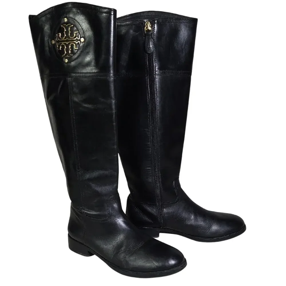 Tory Burch Kiernan Black Leather Riding Boots With Gold  Tone Logo Womens Size 8
